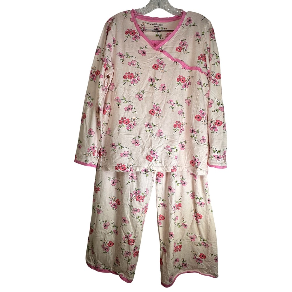 Croft & Barrow Pink Floral Cotton Pajama Set L Long Sleeve Top Wide Leg Pants